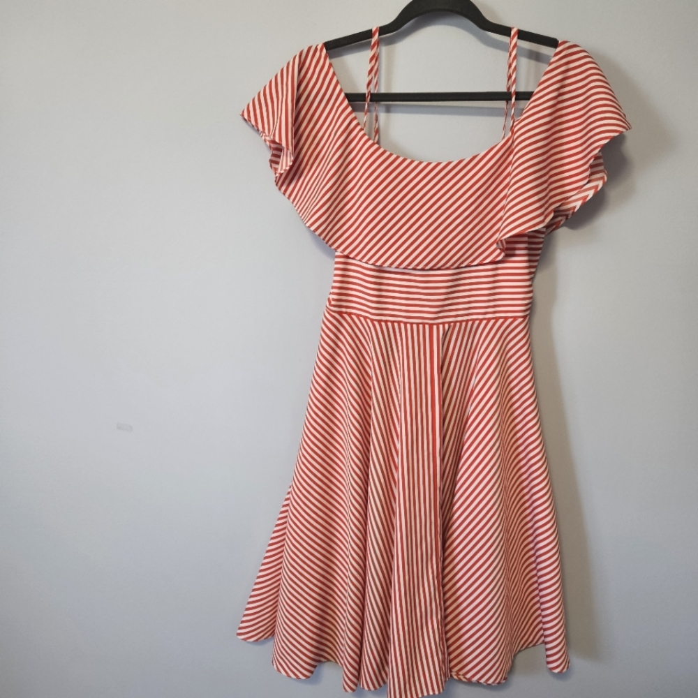 Flowy red/white candy striped off shoulder dress